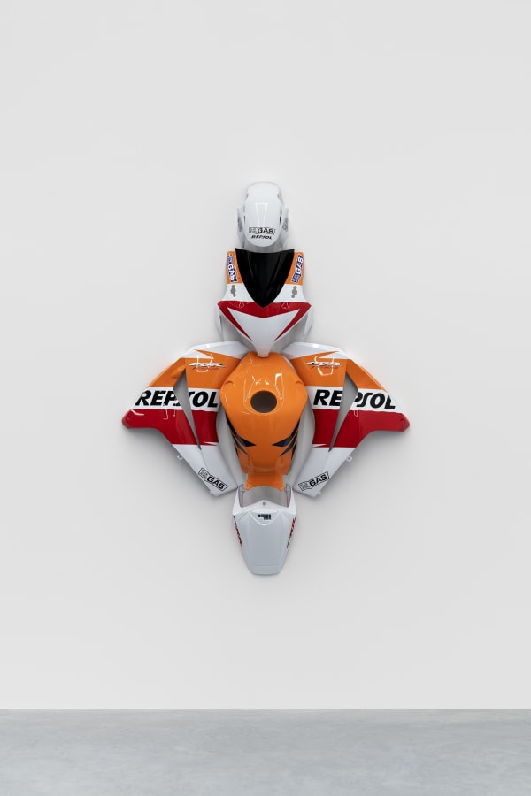 Julien Boudet Super CBR, 2021 Disassembled motorcycle parts 180 x 140 x 25 cm. 71 x 55 x 10 in.
