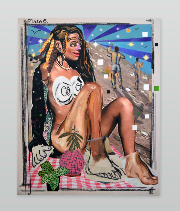 Allison Zuckerman Testing the Waters, 2021 Oil, acrylic, and cmyk ink on canvas 152 x 122 cm. 60 x 48 in.