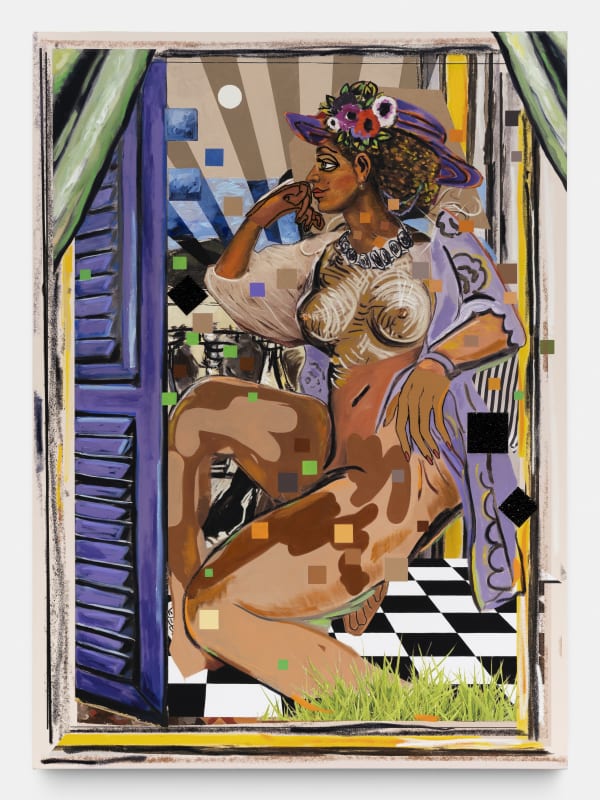 Allison Zuckerman Shuttered, 2021 Oil, Acrylic, Archival CMYK ink, and Rhinestones 185 x 135 cm. 73 x 53 in.