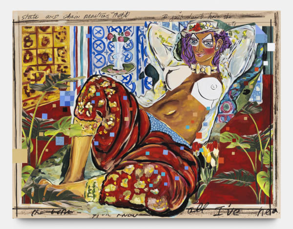 Allison Zuckerman Red Repose, 2021 Oil, Acrylic, Archival CMYK ink, and Rhinestones 213 x 165 cm. 84 x 65 in.