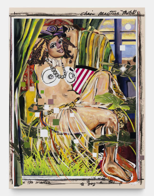 Allison Zuckerman Passenger, 2021 Oil, Acrylic, Archival CMYK ink, and Rhinestones 183 x 137 cm. 72 x 54 in.