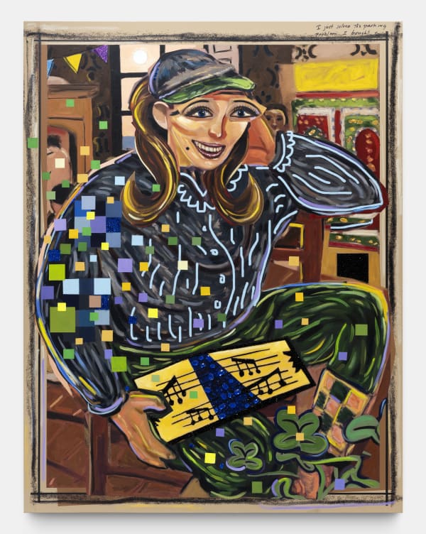 Allison Zuckerman Sight Reader, 2021 Oil, Acrylic, Archival CMYK ink, and Rhinestones 178 x 137 cm. 70 x 54 in.