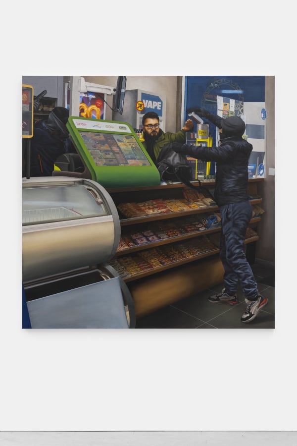 Clement Poplineau PLAN B "scène de braquage", 2023 oil on canvas 160 x 160 x 4 cm. 63 x 63 x 1 ½ in.