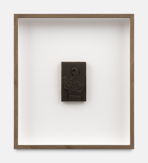 Clement Poplineau St J, 2023 Low relief carving, stamp on 100g haschich wafer 9 x 6 x 1,5 cm. 3 ½ x 2 ½ x ½ in. With Frame 28 x 32 x 5 cm. 11 x 12 ½ x 2 in.