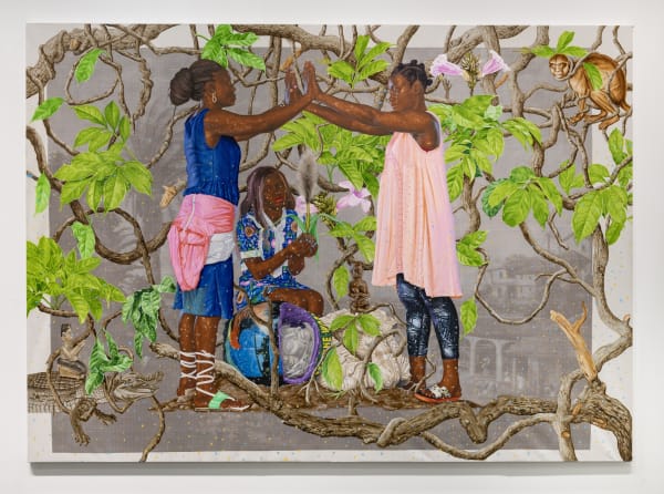 Hilary Balu Ekongo Inzambi kwandi kanvila muntu nlenda kungandako evokundilisa 1, 2023 Acrylic, CYMK ink and sgraffito on canvas 215 x 300 cm. 84.6 x 118.1 in.