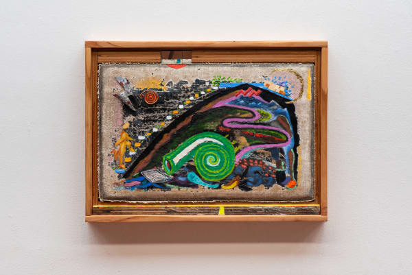Daniel Rios Rodriguez, Midnight Electrician, 2025, oil, foil, copper coil, gold leaf, linen, mirrors, turquoise, painted wooden frame, 13 1⁄2 × 18 inches