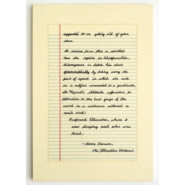 Elaine Reichek, The Albertine Workout, Appendix 34, 2016