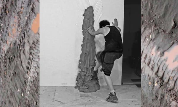 Brie Ruais in performance, 2012, performance still, collaged with an image of tractor tracks in mud. Courtesy the artist.