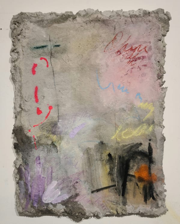 Diego Juarez You were there in the margins, 2022 Ink, acrylic, colored pencil and pastel on paper pulp on wood panel 24 x 18 in.