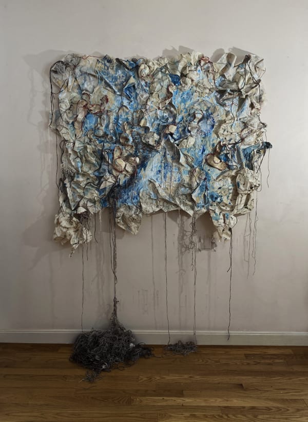 Jillian Vaccaro Unraveled, 2021 Acrylic, baseballs, paper, graphite, wool, pastel Not for sale