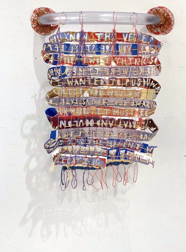 Rita Scheer The End, 2020 HVAC tape, clear pvc pipe, yupo stencil, blue tape, acrylic, spray paint and cotton thread 16 x 13 x 5 in. $100