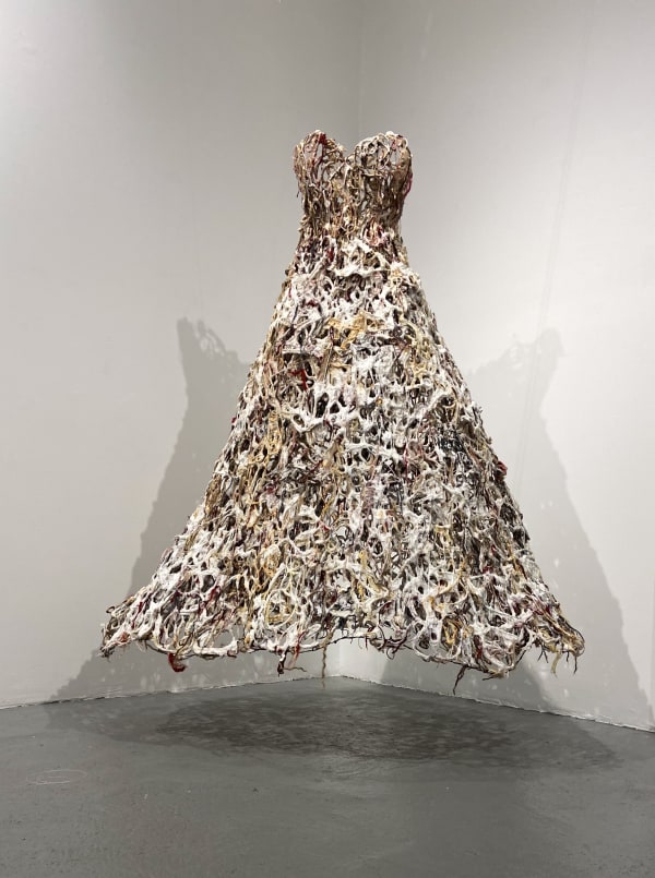 Sonja Czekalski Wedding Dress (27,648 women per day), 2020 Steel wire, copper wire, yarn, flax fibers, kozo fibers $15,300