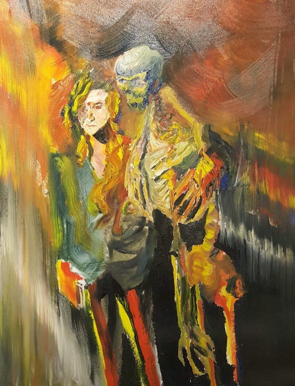 Douglas Chin Figure with Skeleton, 2019 Oil on Stonehenge 24 x 18 in. $ 600