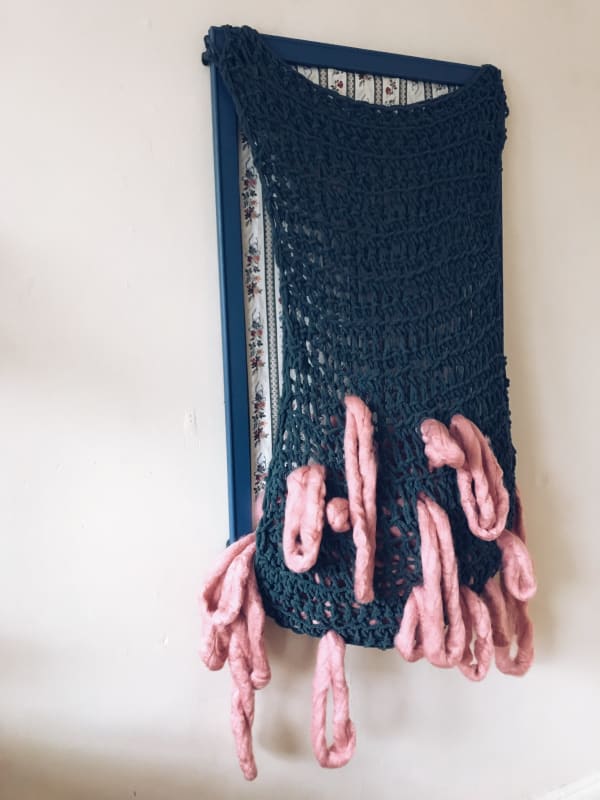 Kaylee Hennessey Beer Gut, 2017 Wood, found fabric, and yarn 36 x 24 in. $450