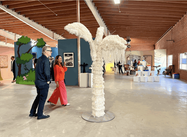 Nina K. Ekman, “AMAZONA ELEGIA” (2023), tufted deadstock yarn, metal rods, wooden structure, 107 x 66 x 66 inches (all photos Angella d'Avignon/Hyperallergic)