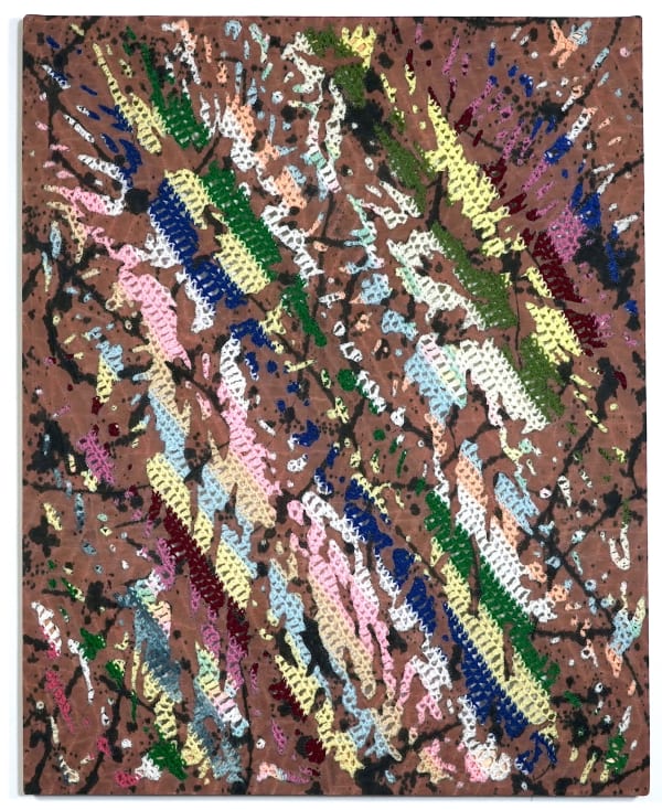 Nick Fagan, “Hi-Fructose,” 2023. Repurposed crochet and moving blankets, 40"x32”. All photos courtesy Abigail Ogilvy Gallery.