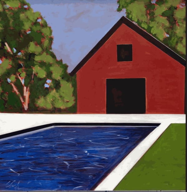Melissa Chandon, Red Barn, Pool and Fall Trees, 2021