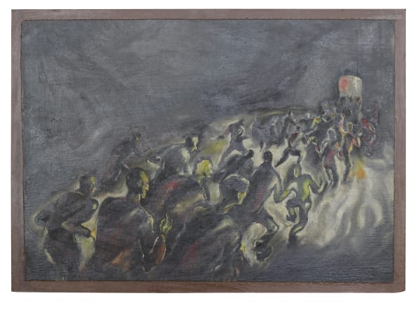 Boris Lurie, Prisoners Returning from Work, 1946, Oil on masonite, 19 1/2 x 27" Boris Lurie Art Foundation