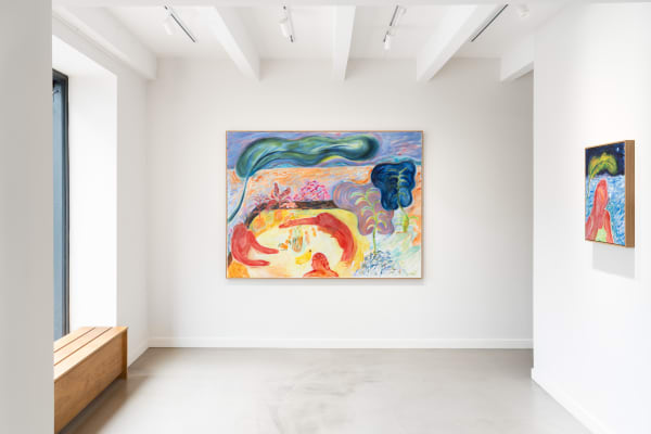 Installation shot from French artist Coline Marotta's solo exhibition titled Night Emails to Friends shown at Brigade Gallery in Copenhagen, Denmark. Focus on the artwork The Private Life of Paintings, 2022-2023, Acrylic on canvas, Oiled oak frame, 150 x