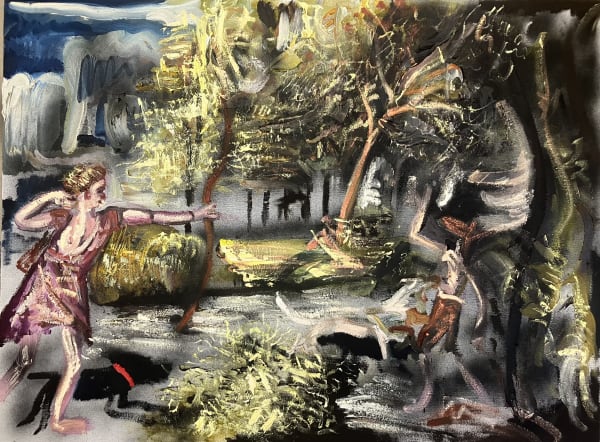 Archie Franks Autumnal death (after Titian) , 2024 82 X 61 cm Oil and spray paint on board Signed and dated verso