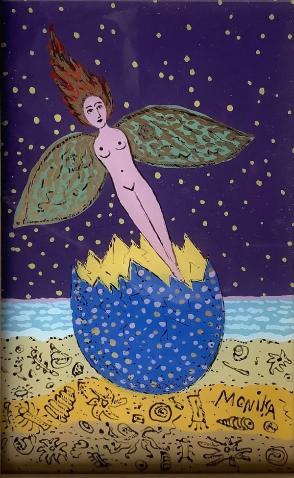 Monika Beisner Night-Girl hatching from egg, 2009-2019 Reverse glass painting 25 x 14 cm Signed on painting