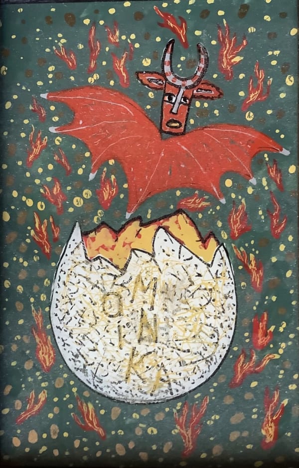 Monika Beisner Devil hatching from an egg, 2009-2019 Reverse glass painting 16.5 x 11.5 cm Signed on painting
