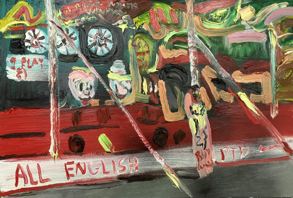Archie Franks All English, 2023 Oil and spray paint on canvas 30 x 46 cm Signed and dated verso