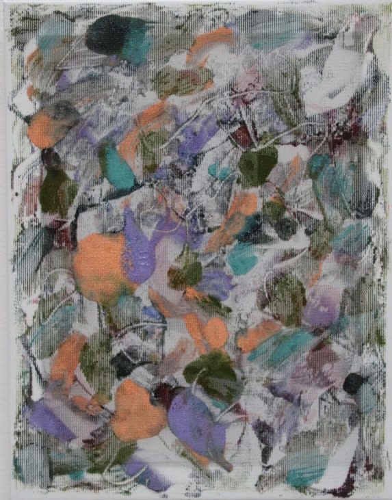 Rebecca Meanley Untitled (peach-lilac) , 2024 Oil on polyester netting, oil on tracing paper, frame, glass 22 x 16.5 cm Signed and dated verso