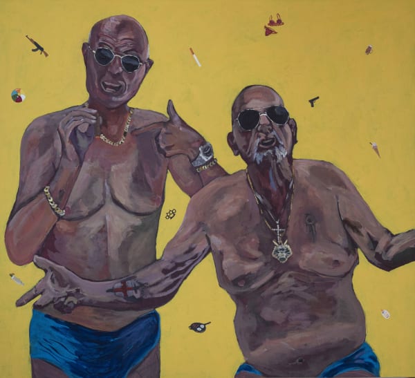 Sean Coates Pete and Bas, 2023 Acrylic and mixed media on canvas 93 x 103 cm Signed and dated verso
