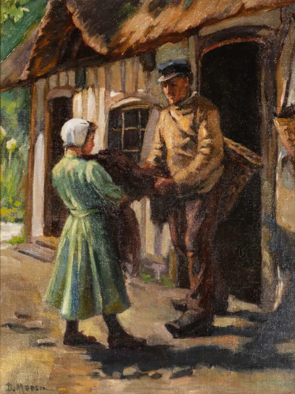 Dora Meeson, (Tudor cottage with girl and farmer), c. 1920