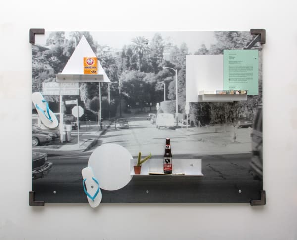 Jonathan Monk, Metallic Sunset with Additional Information IV, 2022, UV-cured print on alu DiBond, aluminium, wood, mixed media, 126 x 166 x 17 cm, unique