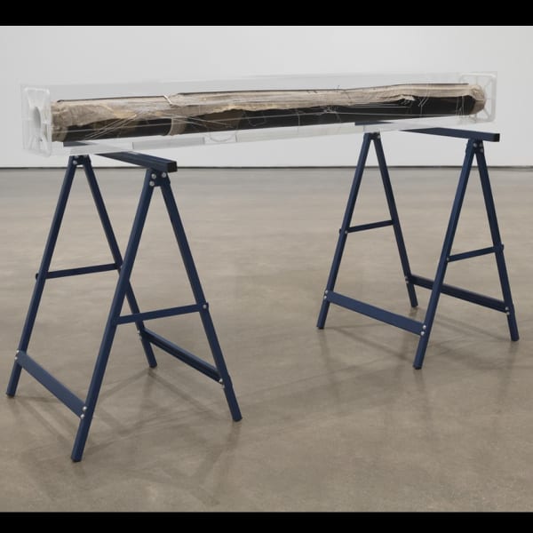 David Maljkovic, Alterity Line, 2002-2017, oil paint on cotton canvas and laser etching on plexiglass and 2 sawhorses, 89.2 × 157.5 × 17.1 cm, unique