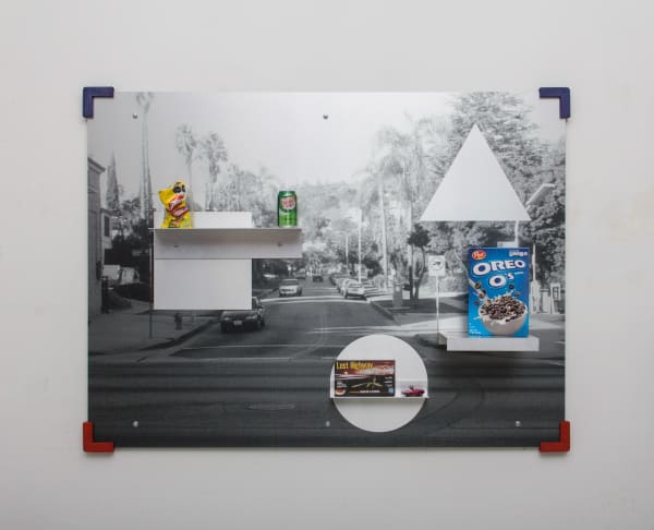 Jonathan Monk, Metallic Sunset with Additional Information V, 2022, UV-cured print on alu DiBond, aluminium, wood, mixed media, 126 x 166 x 17 cm, unique. Photo: Aurélien Mole