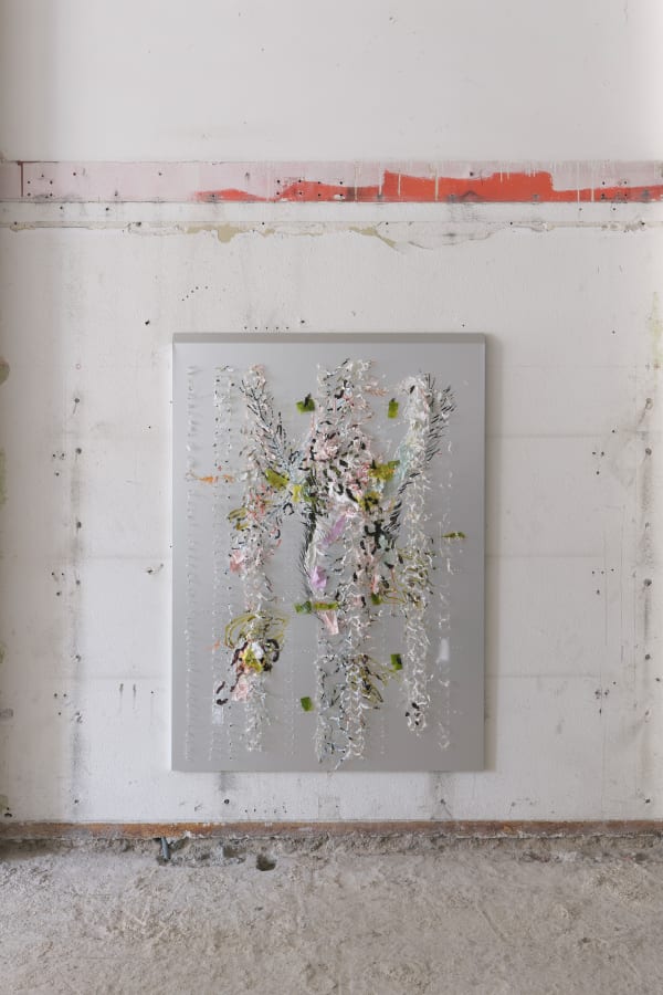 Who 21 levels who 360 degrees, 2023, oil paint, fineliner, pencilled, gelatin, thread, cut-outs and glue on hand-tapped aluminium, 175 x 125 cm