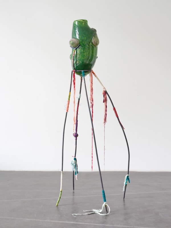 Wet Transistor II, 2019, blown glass, cast bronze, textile debris, beeswax, wire, and soil on iron support, 170 x 80 x 80 cm