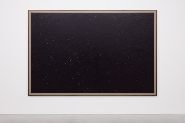 Center of the sun. Friday 13th October 4772. (End of first Piktun in Mayan Long Count calendar. View along the ecliptic.) 90° view towards the position of the Vernal Equinox along the ecliptic as seen from the center of the sun. | 2020, oil on linen with walnut frame, 202 x 302 cm, Galerie Nordenhake, Stockholm, 2020