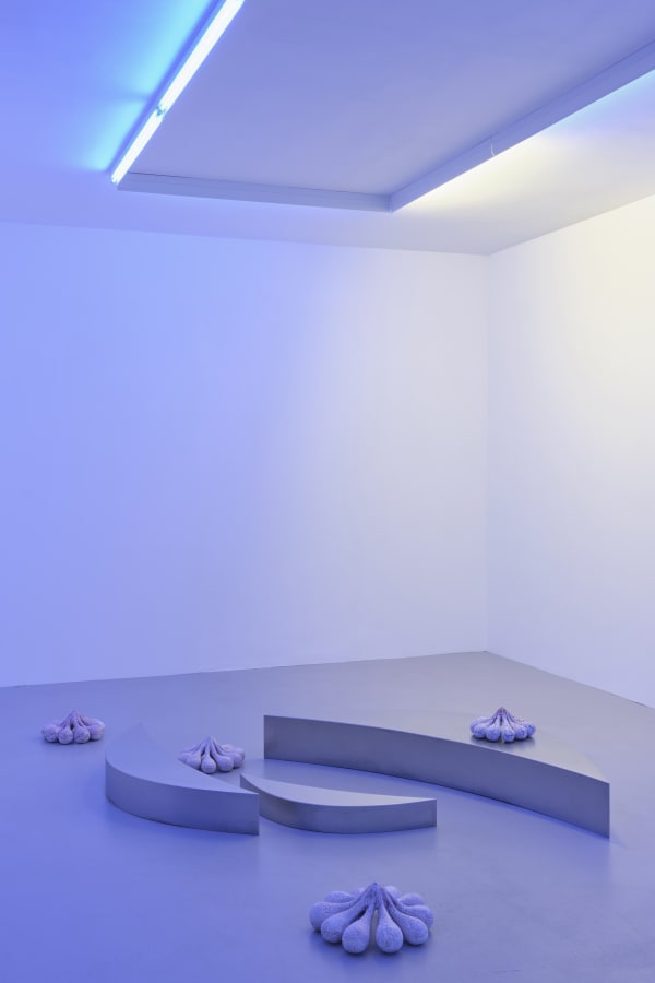 Liquid Connections, 2021, glazed ceramics, various dimensions and crescent-shaped elements, chrome steel, various dimensions