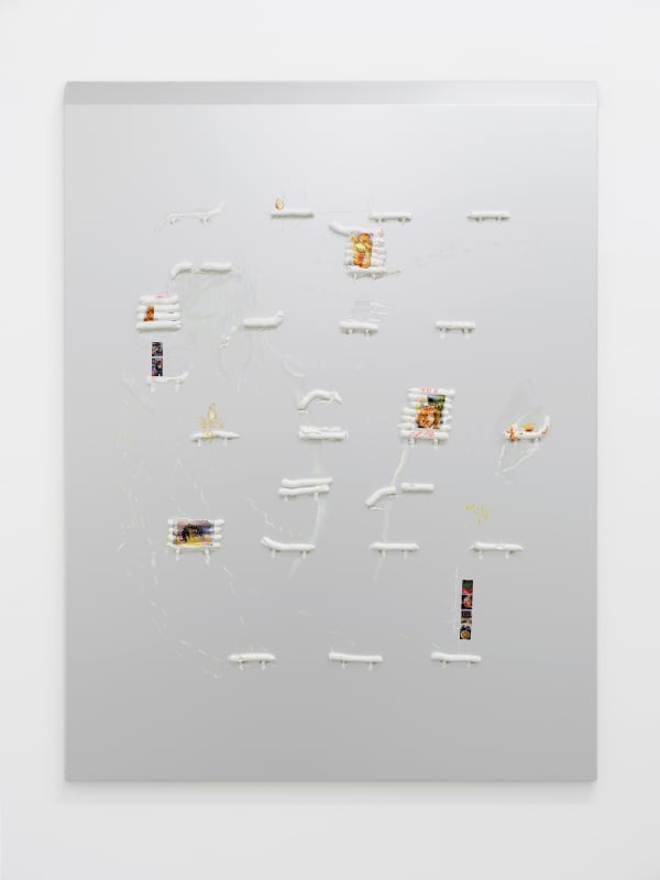 Seducer's Diary, 2021, oil paint, fineliner, cut-outs and glue on aluminium, 125 x 100 cm