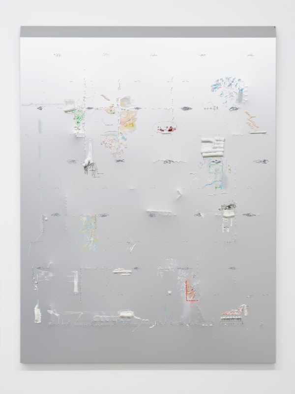 The Map and the Territory (Fargo), 2021, oil paint, marker pen, fineliner, graphite pencil lead, string, gelatine and glue on hand-tapped aluminium, 125 x 100 cm