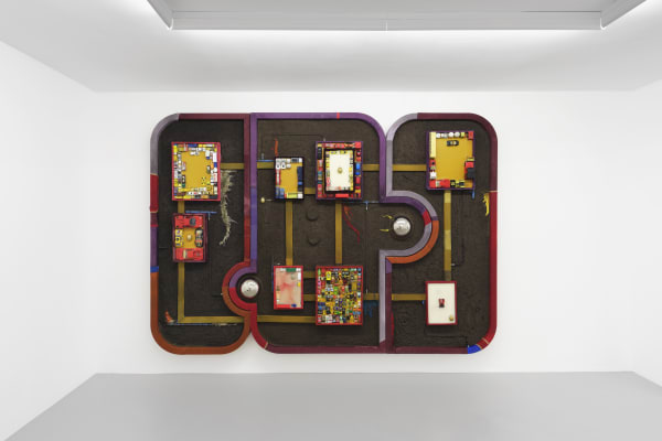 Soil’s Memory, 2020, beeswax, textile debris, concrete cast, bronze cast, plaster cast, iron cast, toys, acrylic on wood, 200 x 355 x 17 cm