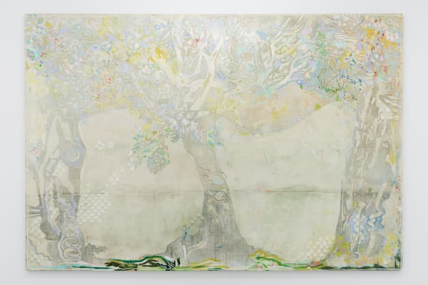 There is a vast forest behind the river, 2020, oil on marble powder on jute, 190 x 278 cm