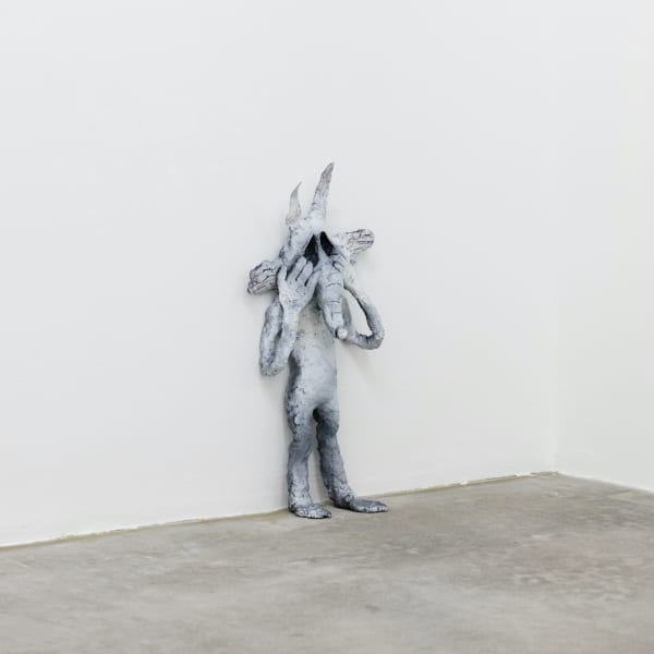 Wile E. Coyote Realizes He Is not as Steadfast as Saint Anthony in the Face of His Demons, 2019, spray-paint on clay, 52 x 23 x 10 cm
