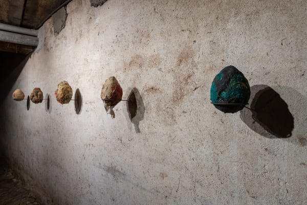 Installation view of five works, Ovo por Olho (An Egg for an Eye), 2017, latex, fabric, organic material, dimensions variable