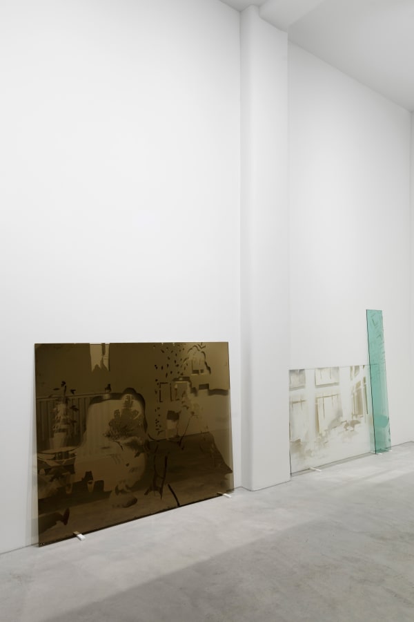 No more caring space, 2024, glass, silver nitrate, acrylic lacquer glass, wood, left plate: 141 x 180 x 7.5 cm, right plates: 181 x 187 x 12 cm