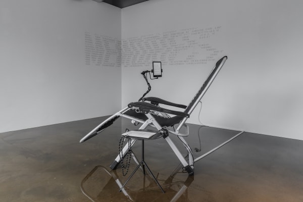 Memories, 2023, e-book reader, multi-arm clamp, recliner chair, dimension variable, Curtesy of CYJ Art Studio