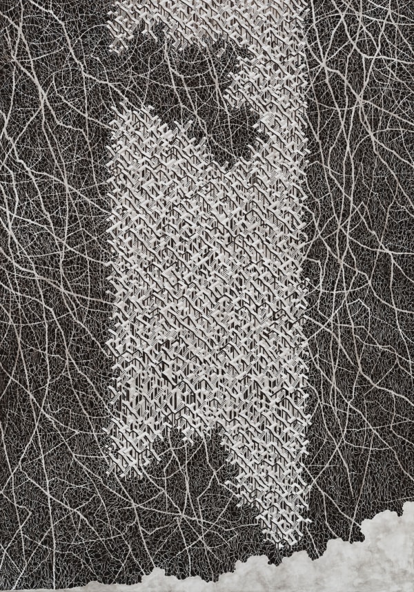 An Unfinished Staircase, 2023, pen and acrylic on canvas, 259.1 x 181.8 cm