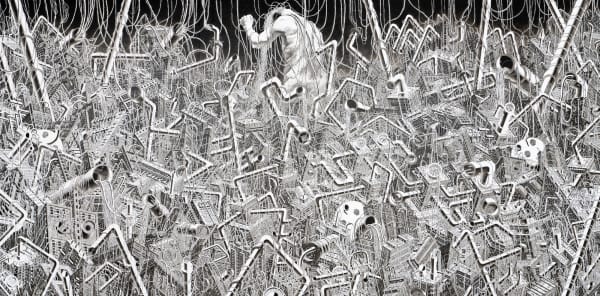 The Giant's House, 2019, pen and acrylic on canvas, 193.9 x 390.9 cm