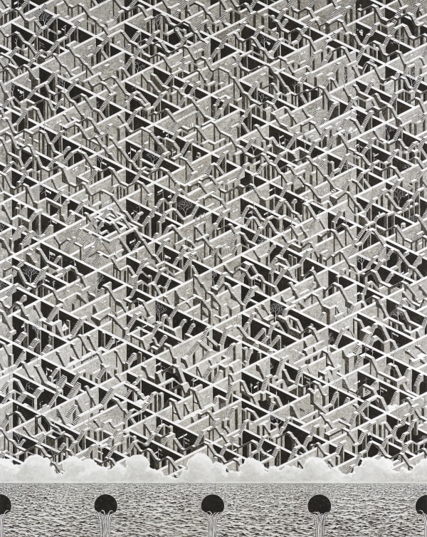 Wandering Stairs, 2022, pen and acrylic on canvas, 227.3 x 181.8 cm