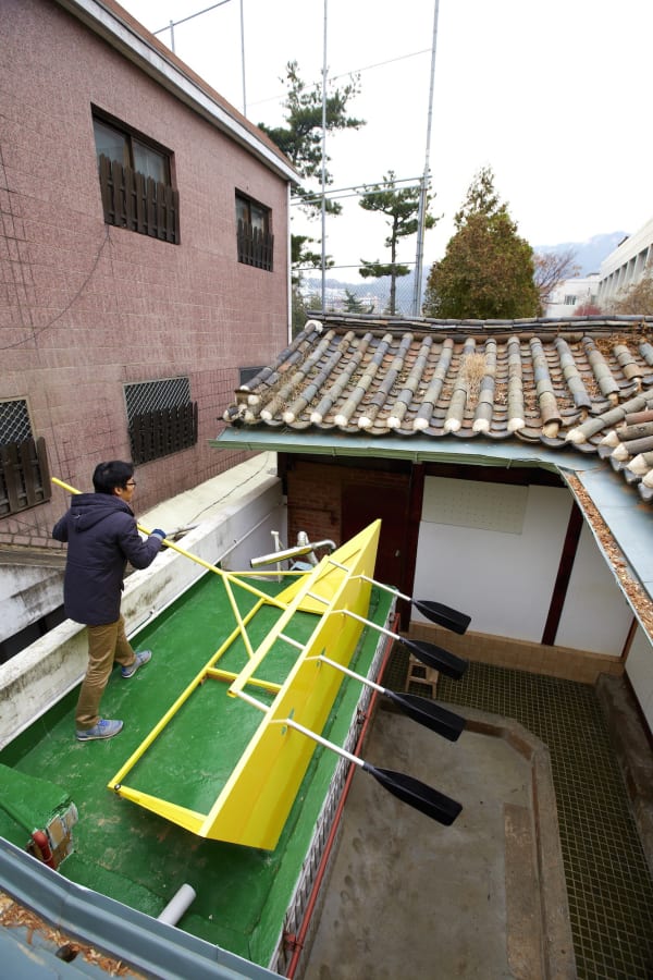 Boat, 2013, powder coated steel sheet and extrusion, 80 x 290 x 103 cm