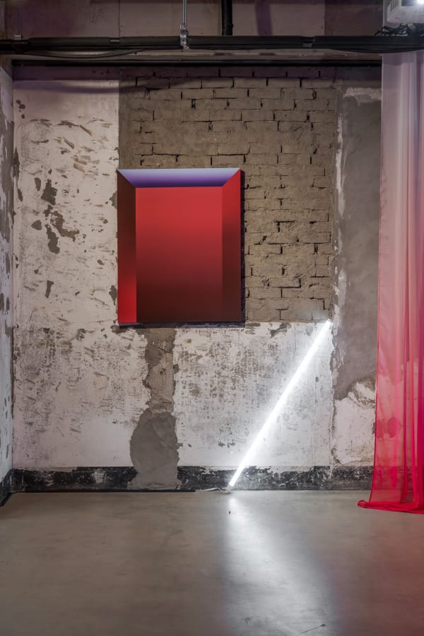 Ruby Reverie, 2023, acrylic on canvas, chiffon, LED, 91 x 73 cm